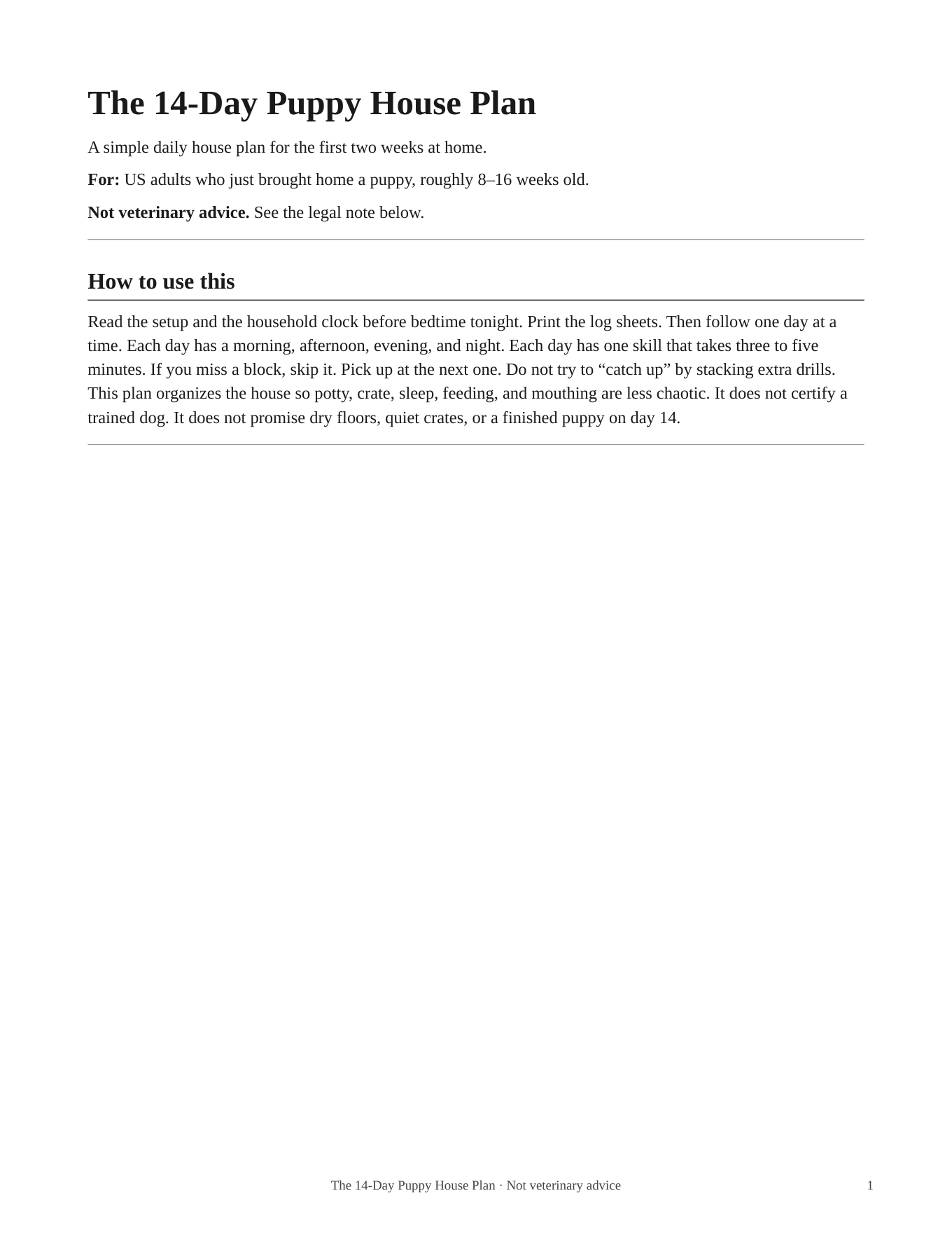 Cover page of The 14-Day Puppy House Plan guidebook.