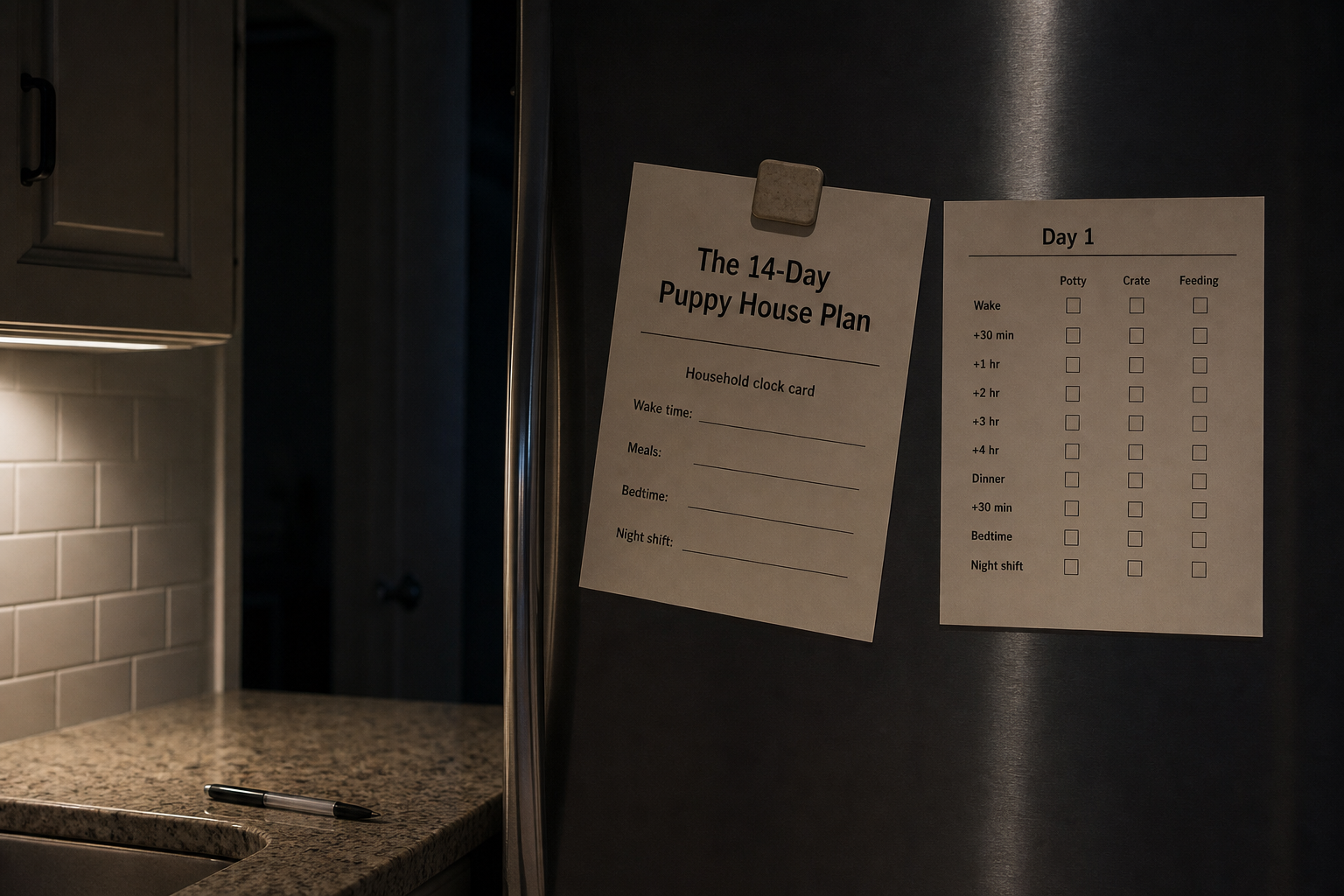 Printed house plan on a kitchen fridge at night.